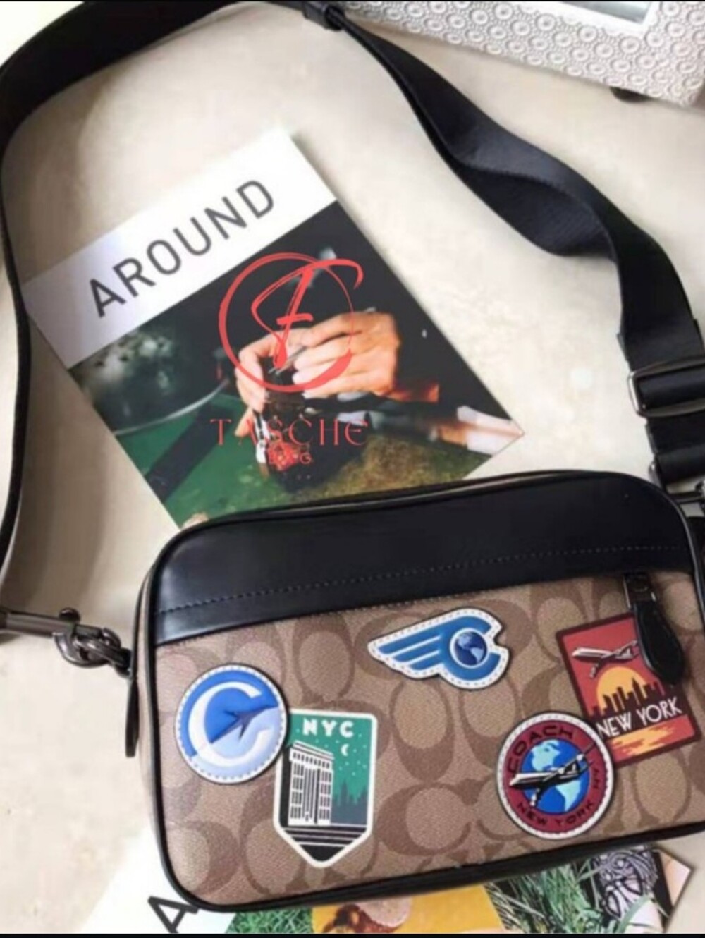 Coach Graham Brown Signature Canvas Bag w/Black Leather Trim & Travel Patches